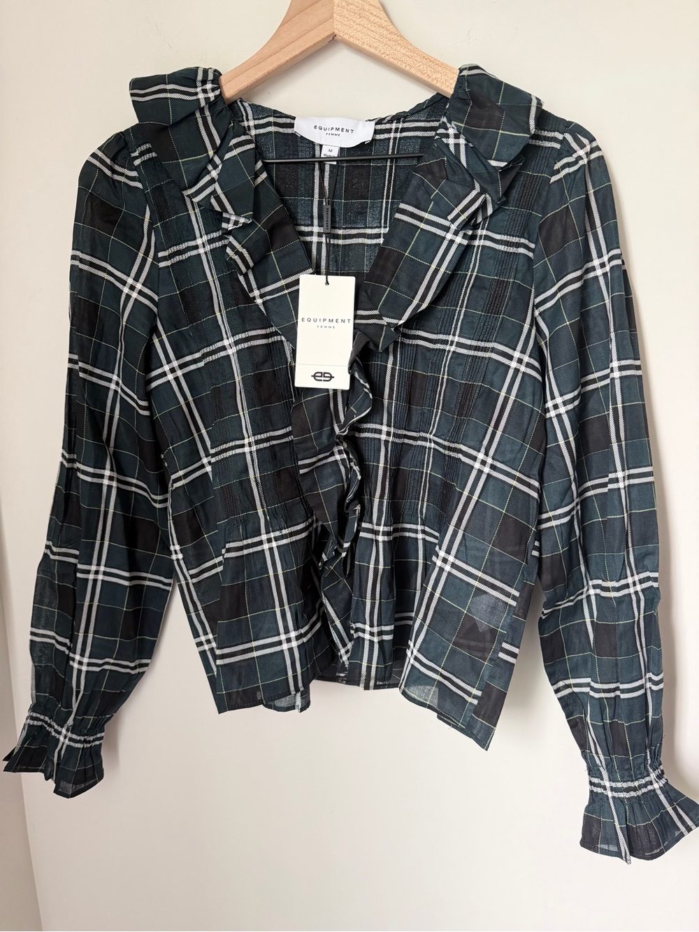 Black green Plaid Ruffle Front long sleeve cotton Blouse